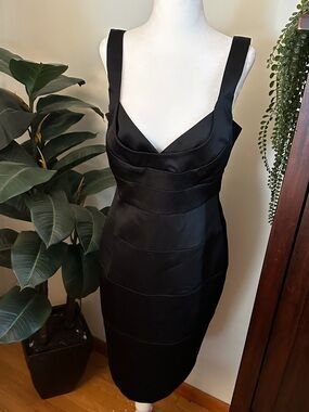 London Times Black Satin Midi Sheath Dress